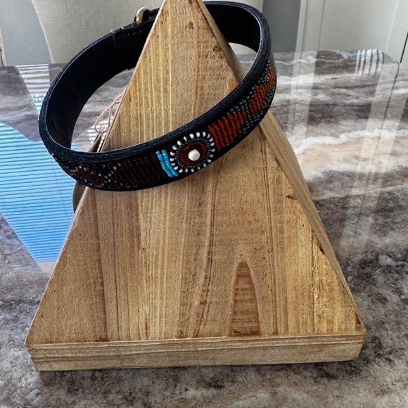 NWT-Size XLarge- Multicolor Hand Beaded Brown Leather Dog/ Pet Collar, 16” (Lab) - Picture 2 of 3